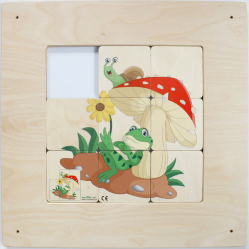 Wandspiel Schiebebild Frosch Pilz 48 x 48 cm Holz Motorik Wandelement Made in Ge - Bild 1 von 1