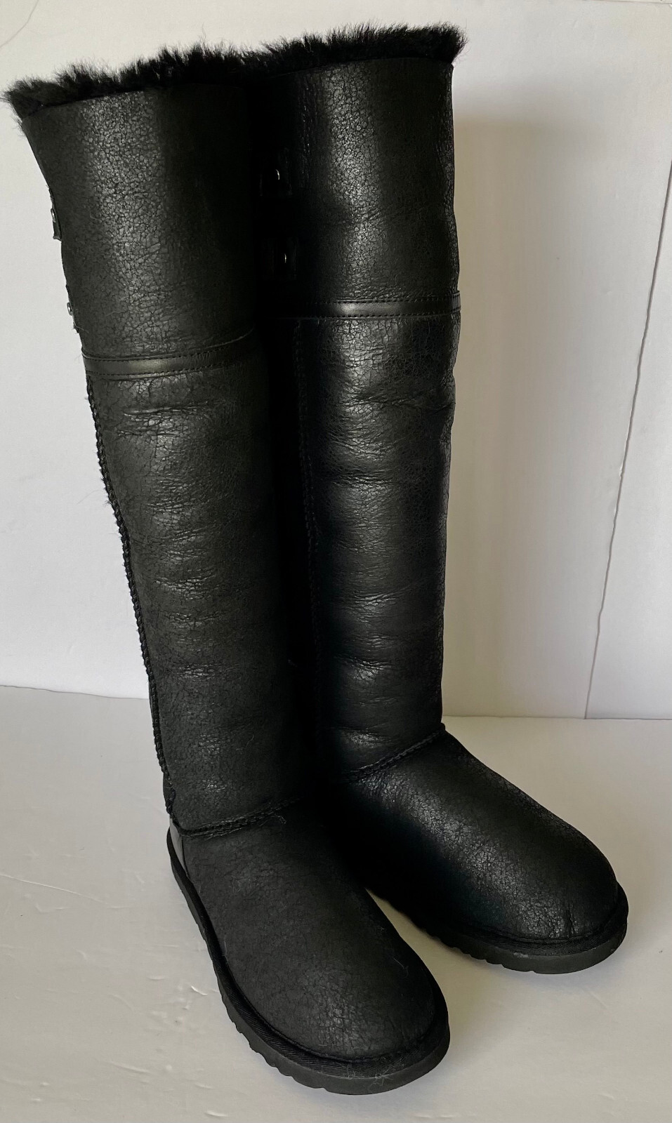 UGG DEVANDRA BLACK LEATHER BOMBER OVER THE KNEE WOMEN BOOTS SIZE US 5 image 2