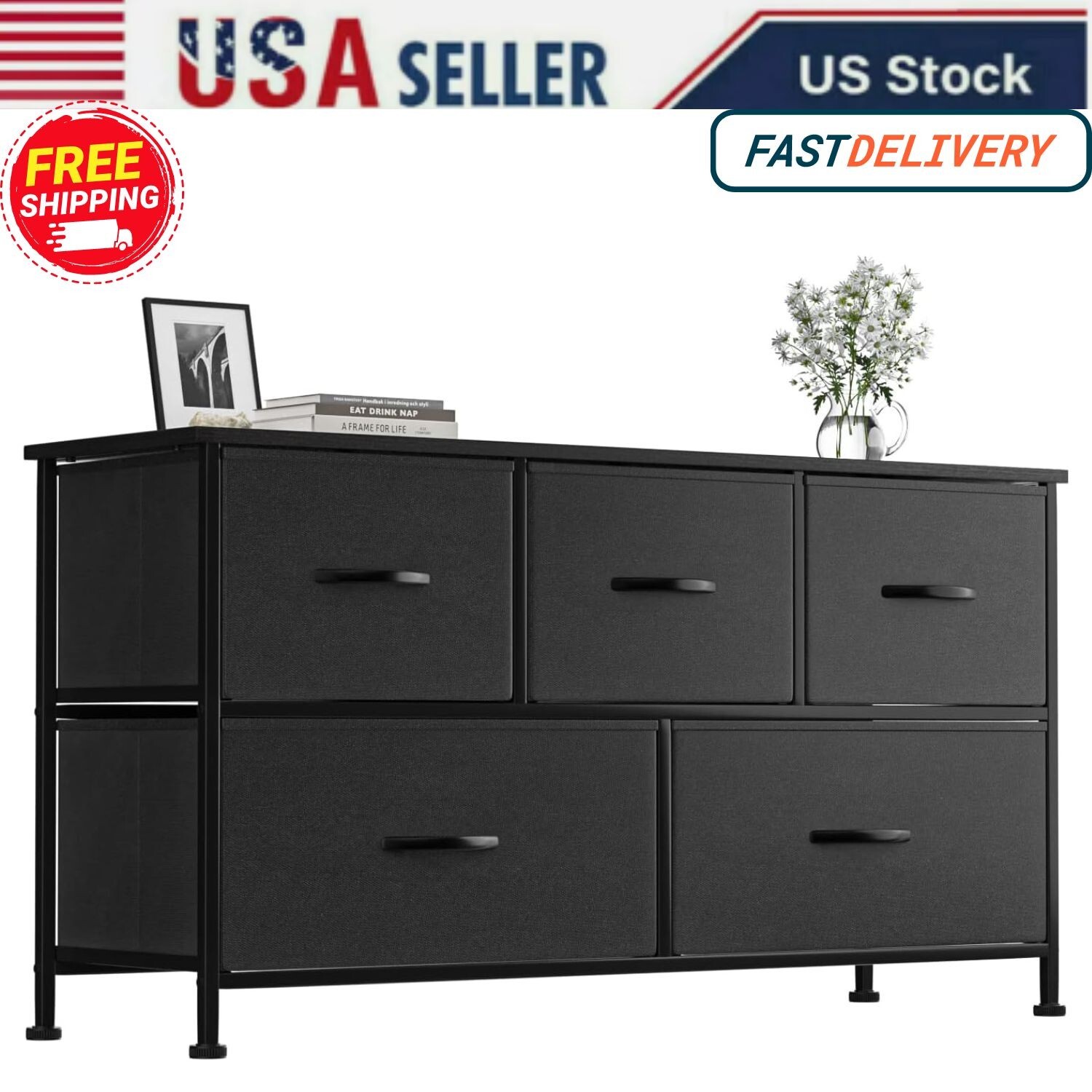 Dresser for Bedroom with 5 Drawers Fabric Closet Storage Organizer TV Stand Bins-image