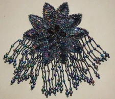 Fabric Flower Sequined and Beaded Pin on Brooch Black