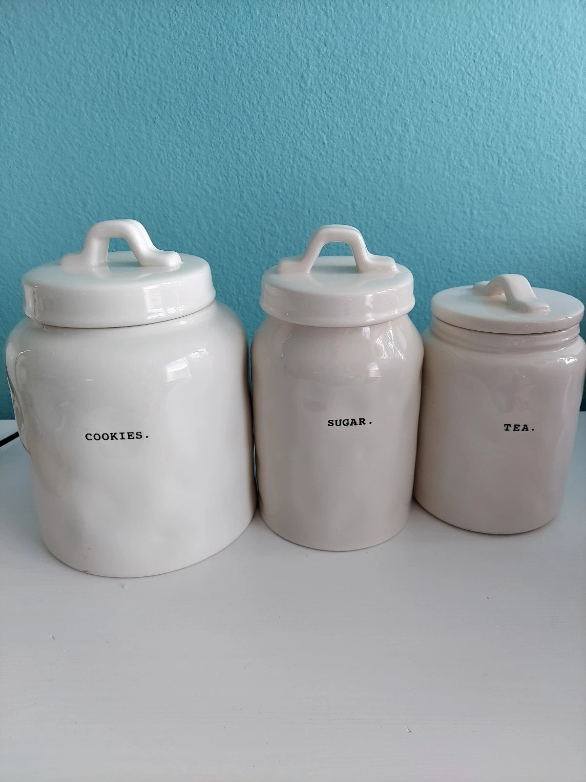 Rae Dunn Ceramic Jars. Cookie, Sugar And Tea With Lids