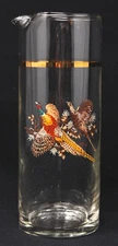 VINTAGE Tall Glass Cocktail Martini Pitcher Pheasants, Gold Band 7 3/4" Tall EUC