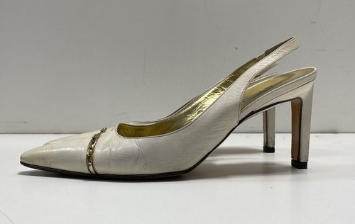 St. John Cream Leather Pointed Toe Slingback Gold Chain Heels Size 6B