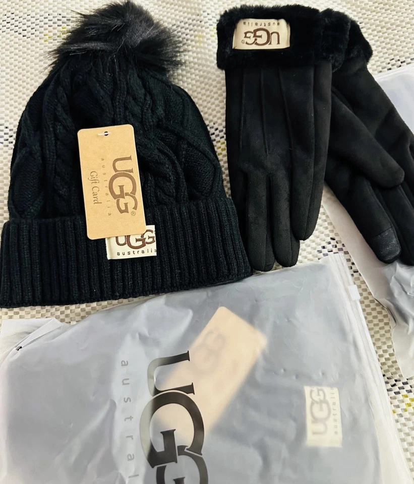 Juego de guantes y gorros UGG de invierno, UGG tejidos con cable con forro polar color negro Foto 4 de 4