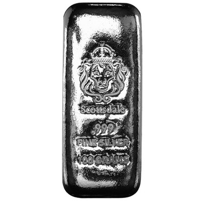 100 Gram Cast Silver Bar by Scottsdale Mint .999 Silver Bullion