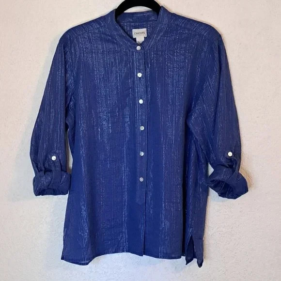 Chicos Blue Button Down Silver Metallic Shirt Wom… - image 1