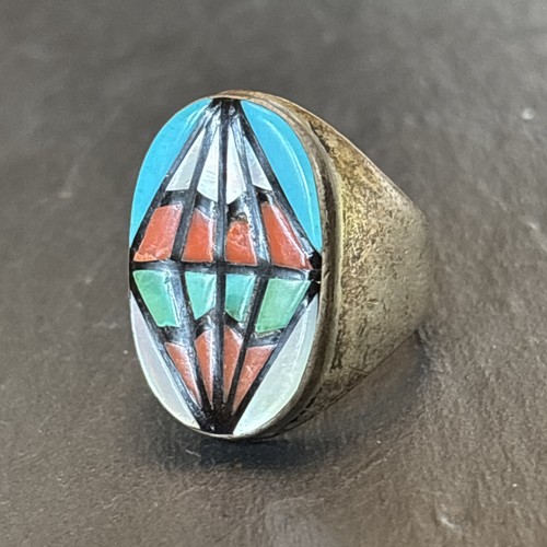 Anillo Angelena Laahty Zuni Vintage Plata Esterlina Turquesa Coral Incrustación Para Hombres 11 - Imagen 2 de 15
