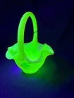 Vintage Fenton Hand Painted Uranium Glass Fluted Basket w Handle & Tag D Hill