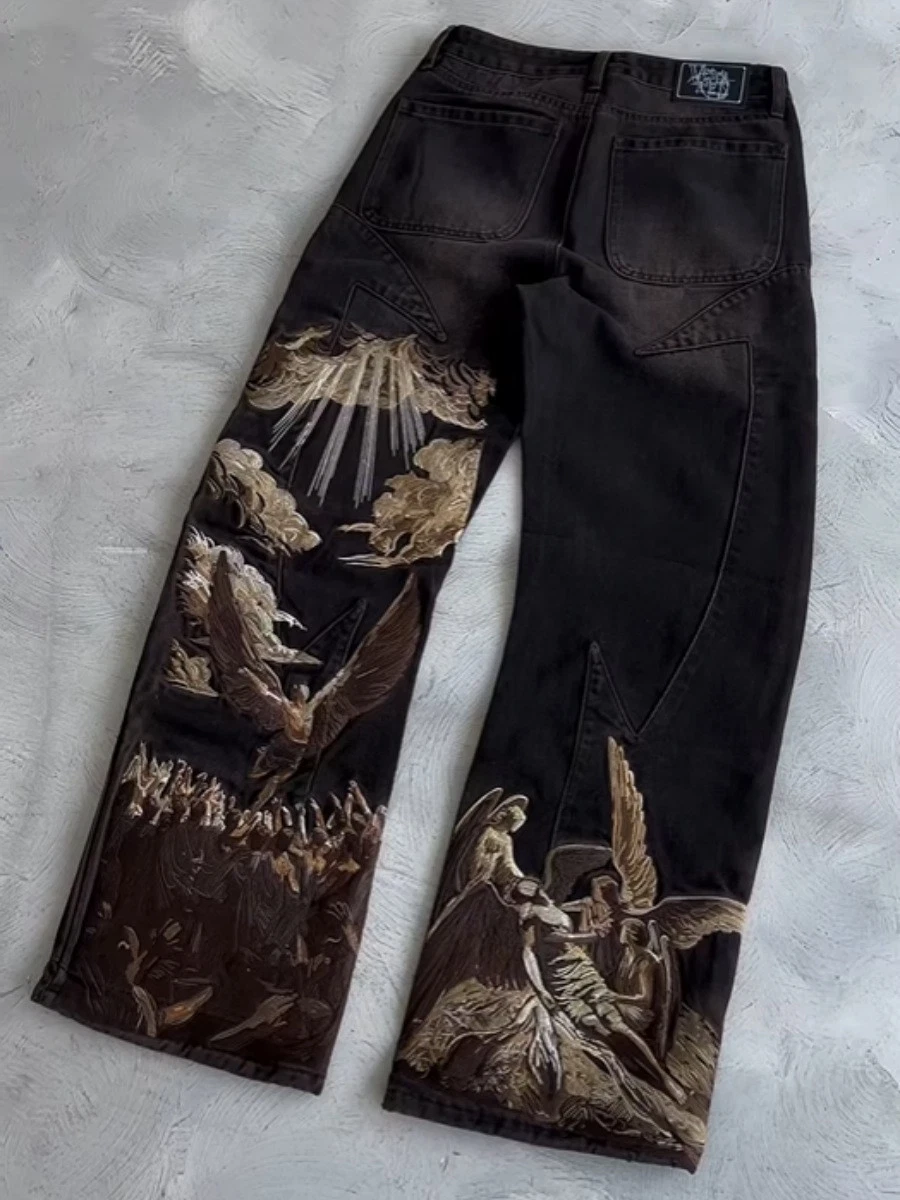 Vescartes jeans embroidered denim pants fallen angel embroidered pants