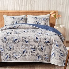 3 Pieces Microfiber Quilt Set, Botanical Blue Leaves on Light Gray Reversible De