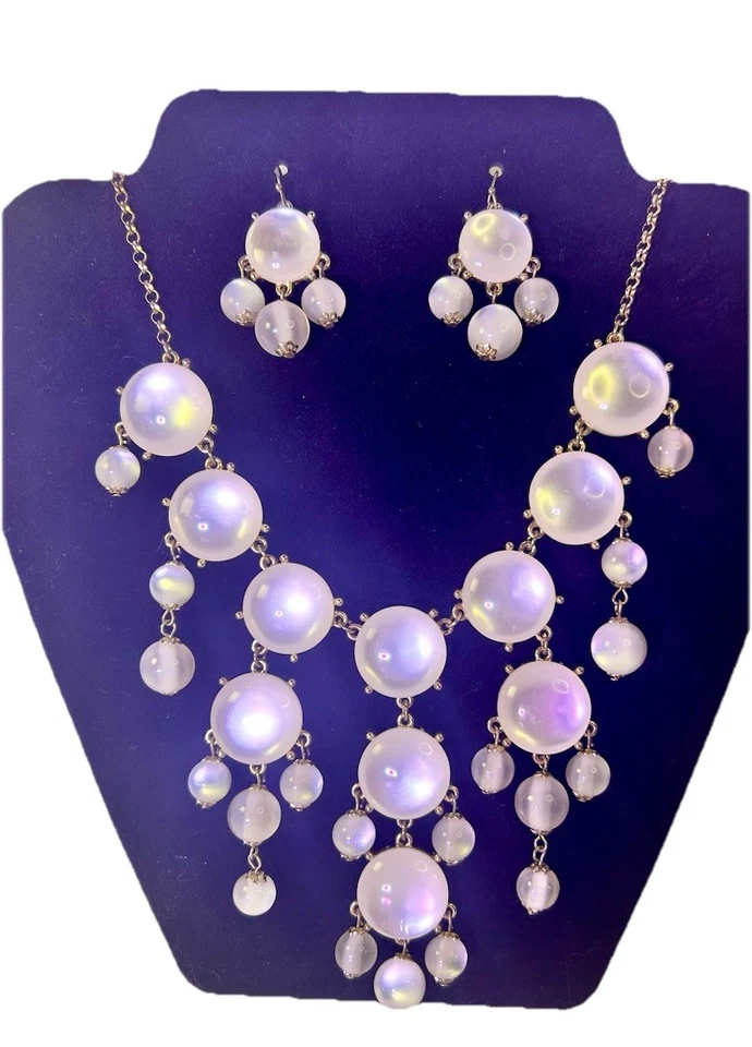 Vintage Bubble Dangle  Cream Moonstone Statement & Earrings Set 28” BiB - Image 2 of 4