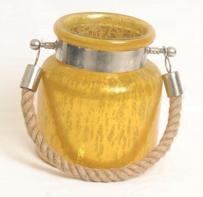 India Connection Portofino Glass Candle Holder Rope Handle Gold Yellow Mercury