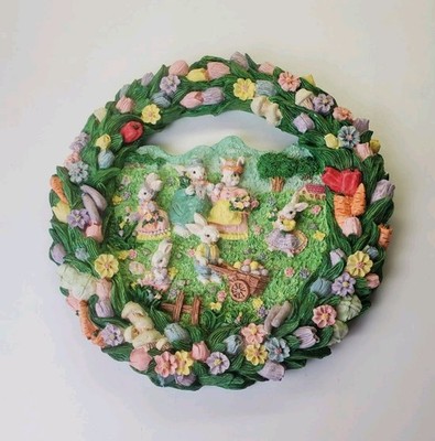 Vintage Easter Wreath Bunny Resin 11'' Easter Bunnies Eggs Flowers Carrots