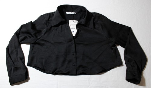 Zara Women's Satin Effect Cropped Button Long Sleeve Shirt CA4 Black Large NWT