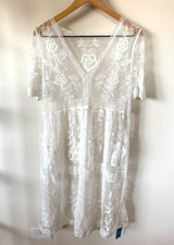 CupShe Women's White Floral Lace Sheer Midi Swim Beach Cover Up SMALL NWT