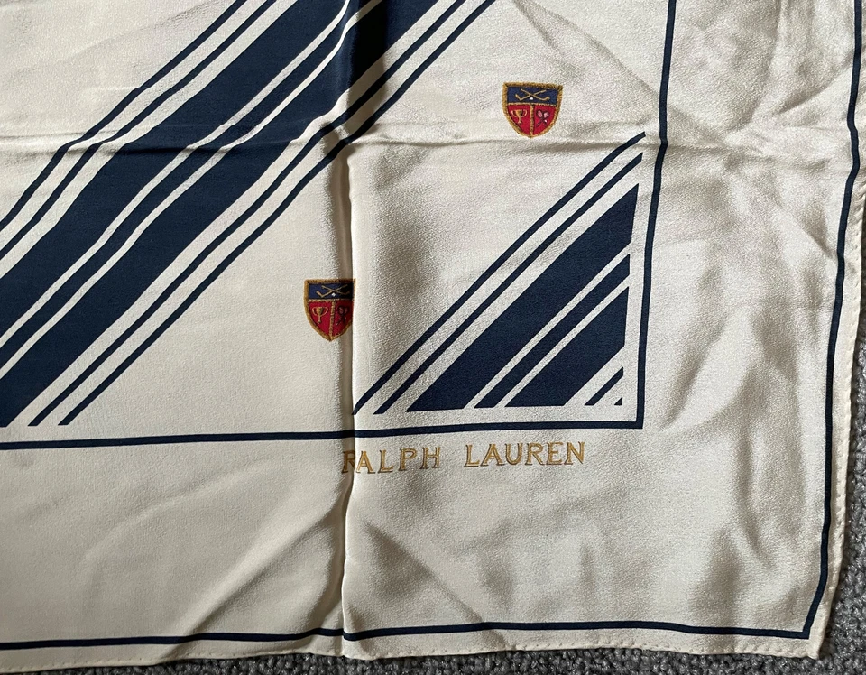 Ralph Lauren Azul Marino Blanco Cresta Seda Bufanda Tenis LaCrosse Oro Copa Medallón Foto 3 de 4