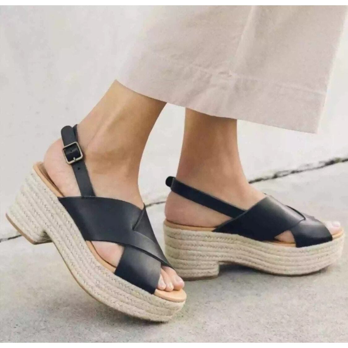 Anthropologie Soludos Amalfi Platform Espadrille Leather Sandal Heels Black 