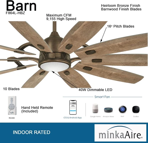 F864L-HBZ Barn 65" Ceiling Fan with LED Light, Brown Bronze Finish - Picture 2 of 8