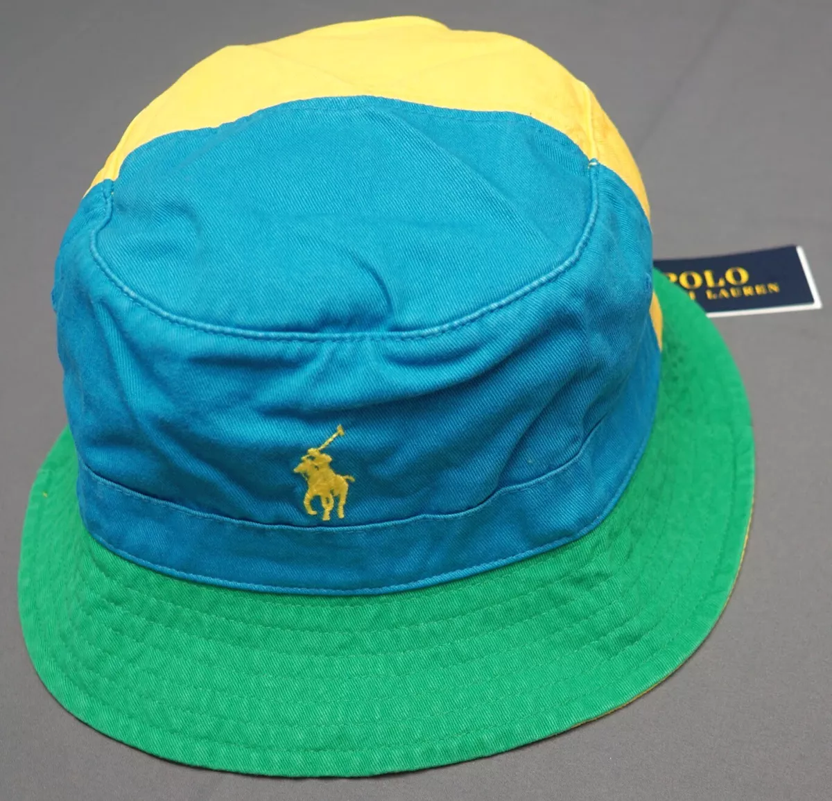 Polo Ralph Lauren Preppy Bucket Hat Fishing Cap Blue Yellow Green Cotton $59