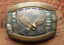 Vtg Johnson Held Hand Made Flying Eagle Abalone Coral Inlay Western Belt Buckle