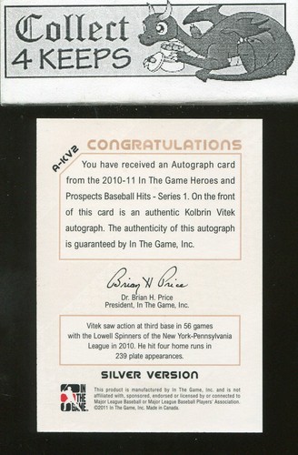 2011 In the Game #A-KV2 Kolbrin Vitek Auto Silver ITG Autograph - Picture 2 of 2