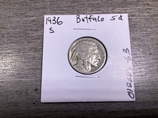 1936 S Buffalo 5 Cent Nickel from San Francisco Mint in Fine Condition 01202563r