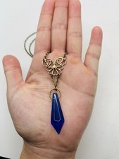 Vintage Bronze Tone Elegant Art Nouveau Swirl Blue Chandelier Drop Down Necklace