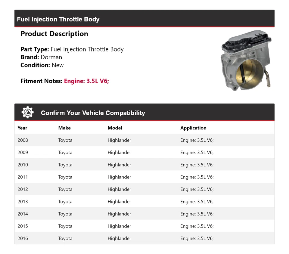 Корпус дроссельной заслонки впрыска топлива для Toyota Highlander 3,5 л V6 Dorman 2008-2016 годов выпуска - Изображение 2 из 4