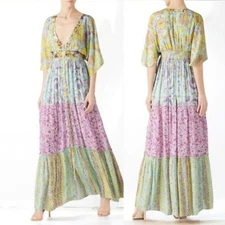 🌻Hemant & Nandita Layla Floral Patchwork Tiered Bohemian Maxi Dress Size Medium