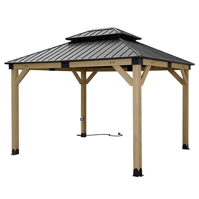 Aoodor 10x12ft Patio Gazebo with Charging Socket, 2-Tier Galvanized Hardtop Roof