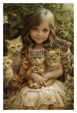 CUTE YOUNG GIRL HOLDING LITTER OF FELINE CATS 4X6 AI PHOTO