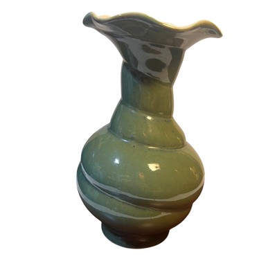 Vintage handmade Green Ceramic glazed Vase W/Fluted Rim Pottery Decor Piece 8 