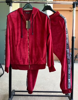 $2200 SET ROBERTO CAVALLI Sport Red Velvet Zip Hoodie Jacket W/ Ralph Lauren Bag