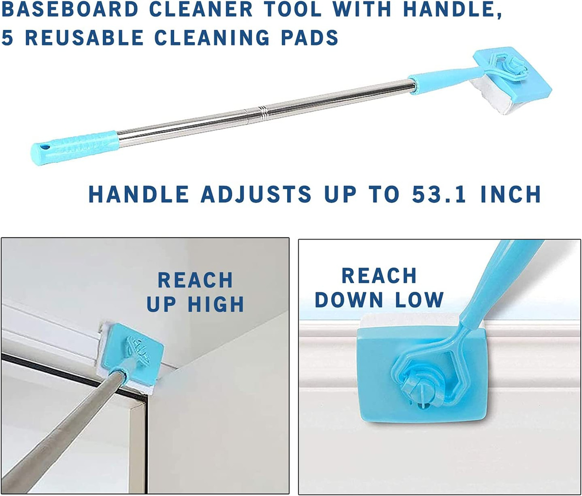 Baseboard Cleaner Tool with Handle, 5 Reusable Cleaning Pads, 1PC  No-Bending Mop Baseboard Cleaner Tool