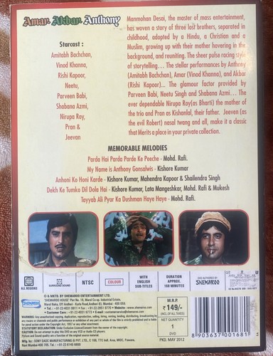 Amar Akbar Anthony - Amitabh Bachchan - Bollywood Hindi Movie DVD W Slipcover - Picture 2 of 3