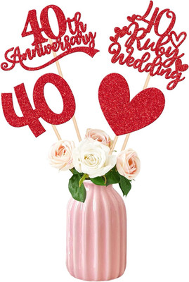 12 PCS 40Th Anniversary Centerpiece Sticks Double Sided Red Glitter Heart 40 Rub