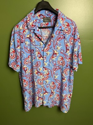 Primark Mens Large Blue Paisley Viscose Camp Shirt Short Sleeve Button Up
