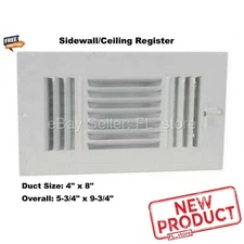 Air Register 4" x 8" Duct Size Wall Ceiling White 3-Way AC Conditioning Heat NEW