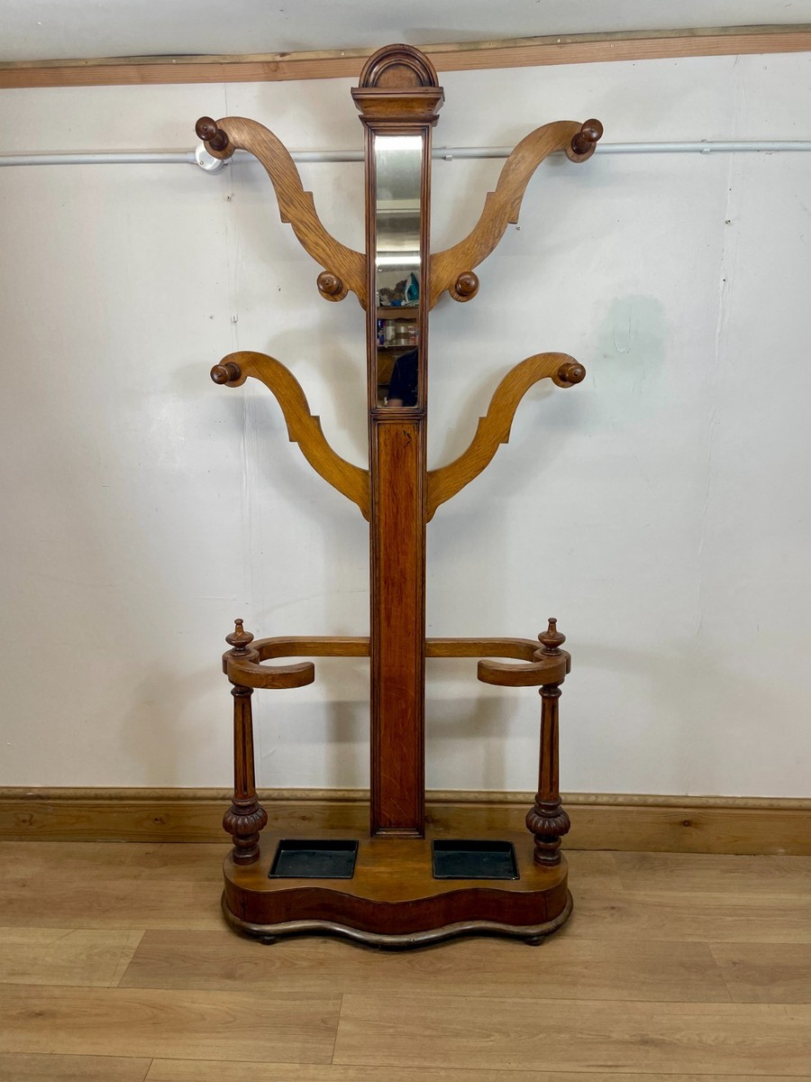 Antique Edwardian Solid Oak Hall Stand Coat Rack with Mirror