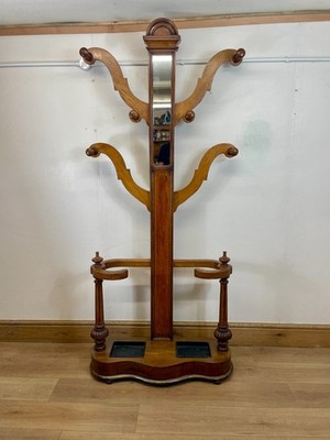 Antique Edwardian Solid Oak Hall Stand Coat Rack with Mirror
