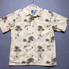 AFTCO Bluewater Mens Large Marlin Palm Tree Hawaiian Shirt Cotton Cream USA Made