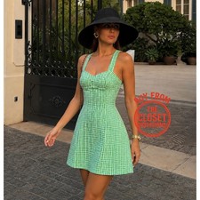 Zara NWT Green Gingham Fit Flare Mini Dress M