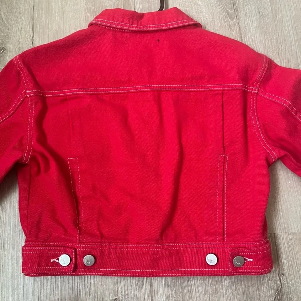 Kendall & Kylie Red Denim Jacket, Cropped Style with Silver Buttons - Image 3 of 4