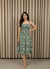 Indian Green Floral Cotton Dress, Fit & Flare Dress, Women's Partywear Dress US