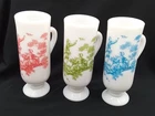 3 SET Milk Glass BLUE GREEN RED Toile Victorian Footed Demitasse CUPS Avon Dutch