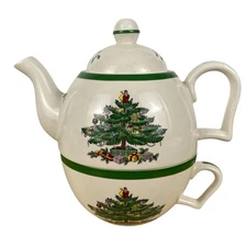 Spode Christmas Tree Cheer Tea For One 3-pc Stacking Tea Pot Cup Set New in Box