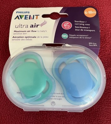Avent Ultra Air 2-Pack Pacifiers Blue/Green BPA Free Sterilizer Case