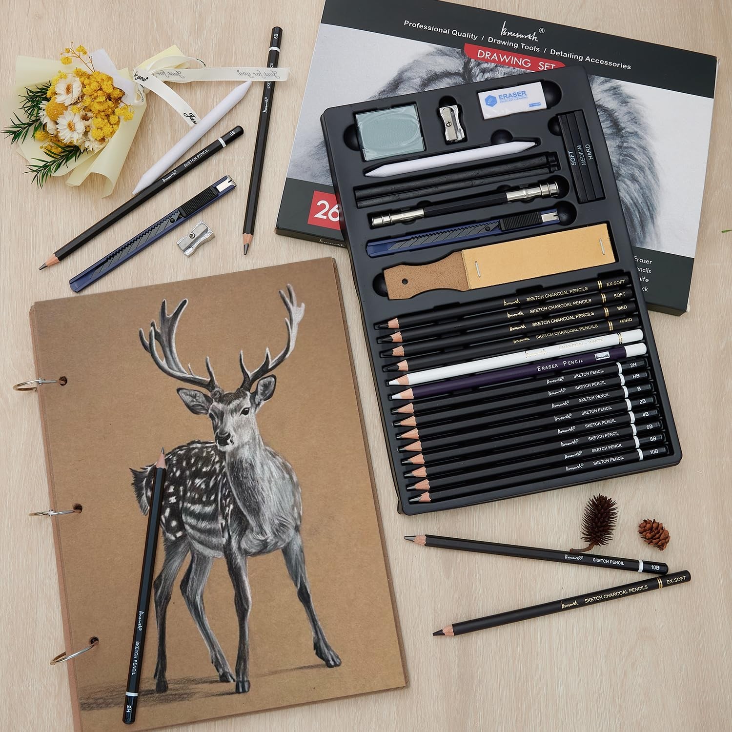 Charcoal Pencils for Drawing, Set of 26, Professional Drawing Sketch Pencils, Ar