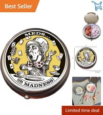Chrome Mad Hatter Pill Box Compact 2 Compartments Small Medicine Storage