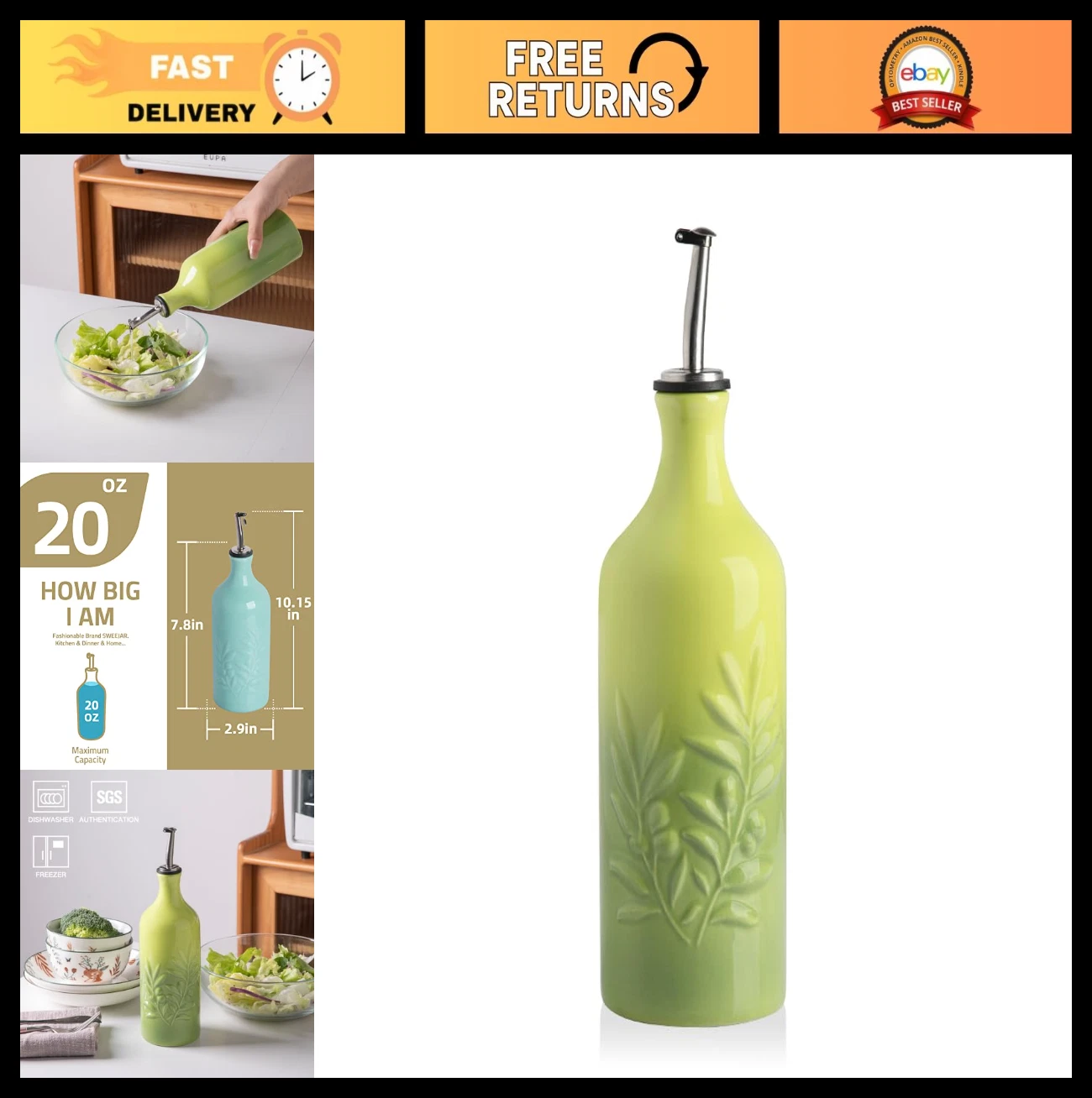 Ceramic Olive Oil Dispenser Bottle 20 Oz - Opaque Cruet for Oil, Vinegar, Syrup